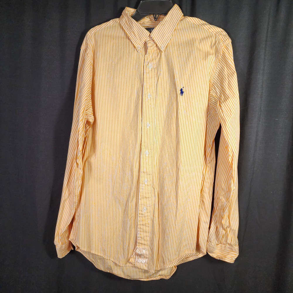 Ralph Lauren Mens L Custom Fit Yellow White Striped Cotton Button Down Shirt‎ - Picture 2 of 8